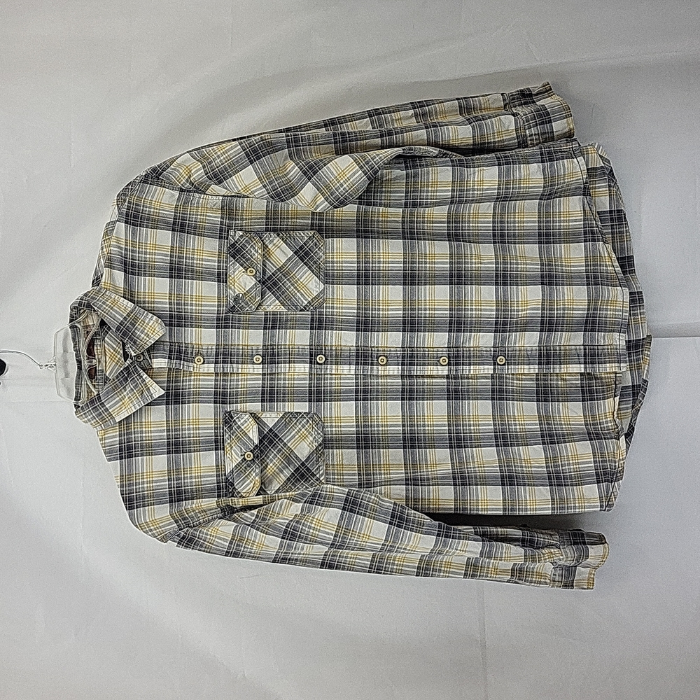TIMBERLAND GRAY YELLOW PLAID ROLL TAB COTTON WESTERN BUTTON DOWN BUTTON SHIRT